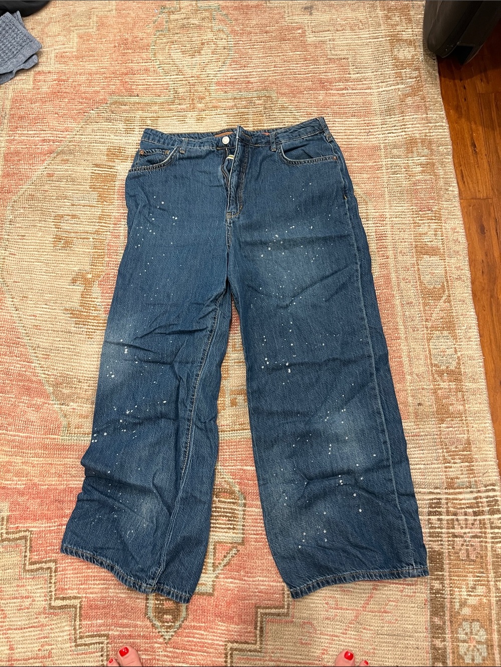 Pilcro Dark Blue Wide-Leg Paint-Splatter Jeans